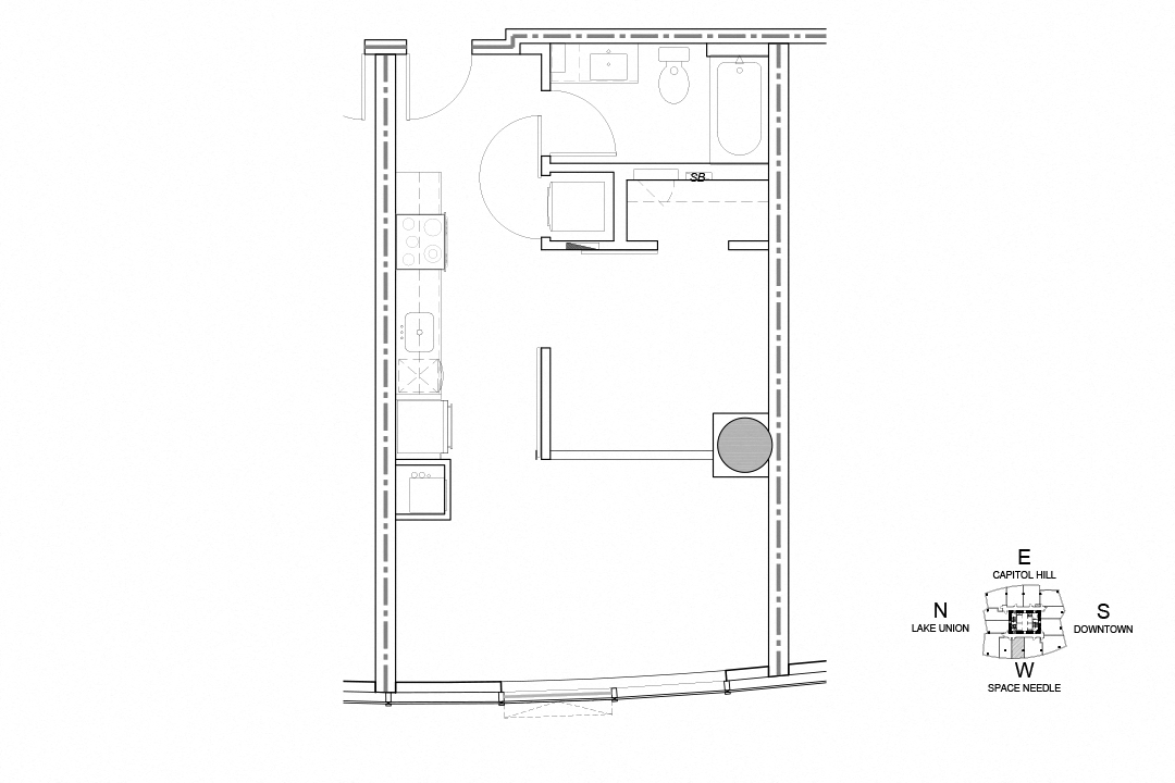 Floor plan for 1 bed, 1 bath, 627 sqft
